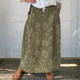 Women's Vintage Floral Linen Elastic Waistband Pocket Skirt
