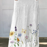 Watercolor Spring Meadows Art Printed Women's Linen Elastic Waistband Pocket Skirt