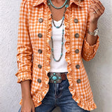 Evelyn | Gingham Ruffled Button-Down Jacket