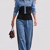 Natalie | Colour-Block Cropped Jacket & Wide-Leg Pants Set